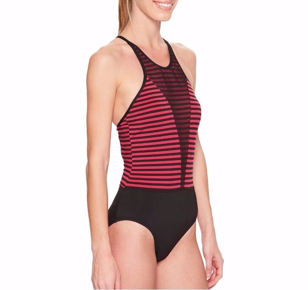 Nike Swimsuit Women's Small Striped High Neck One Piece Tie Back Pink Black